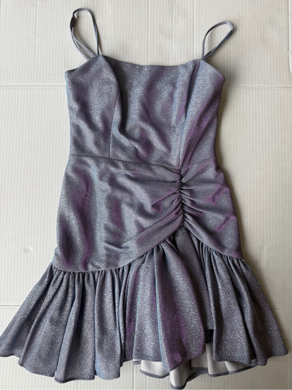 NWT Blondie Nites Y2K Iridescent Glitter Ruched Ruffle Mini Dress ✨